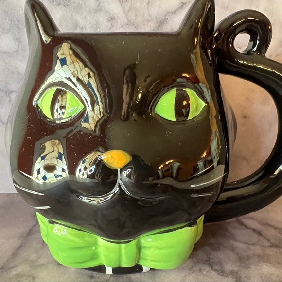 Halloween Ceramic Large Black Cat Mug Green Eyes & Bow Tie Coffee Cider Tea - Picture 3 of 5